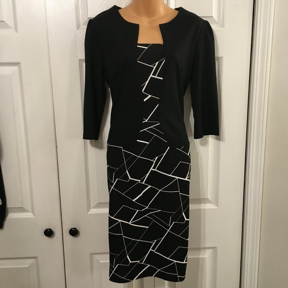 HOMEYEE Black/White Work Style Geo Print Dress
